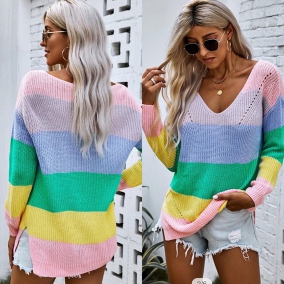 Color block multi color knit v neck sweater - Picture 3 of 3